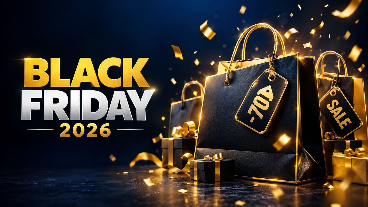 Black Friday 2026 shopping deals with discount tags and sale banners