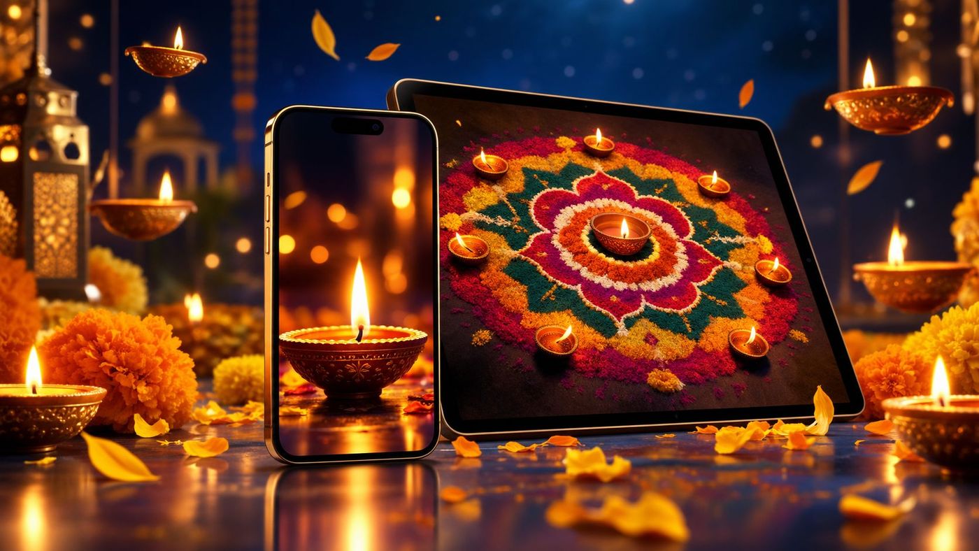 Diwali 2026 wallpaper with diyas and festive lights