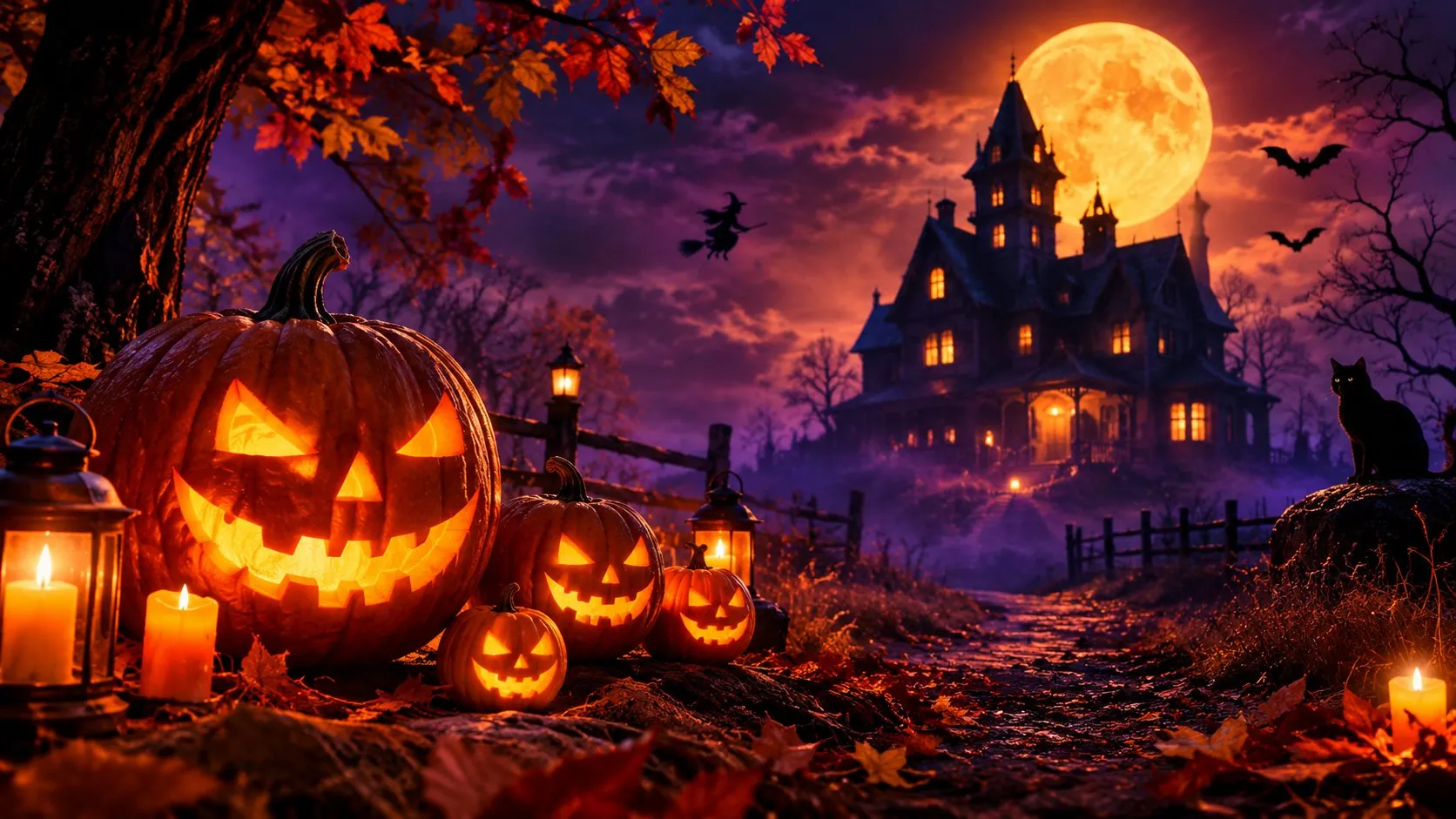 Glowing carved Halloween pumpkins and candles in front of a haunted house beneath a full moon