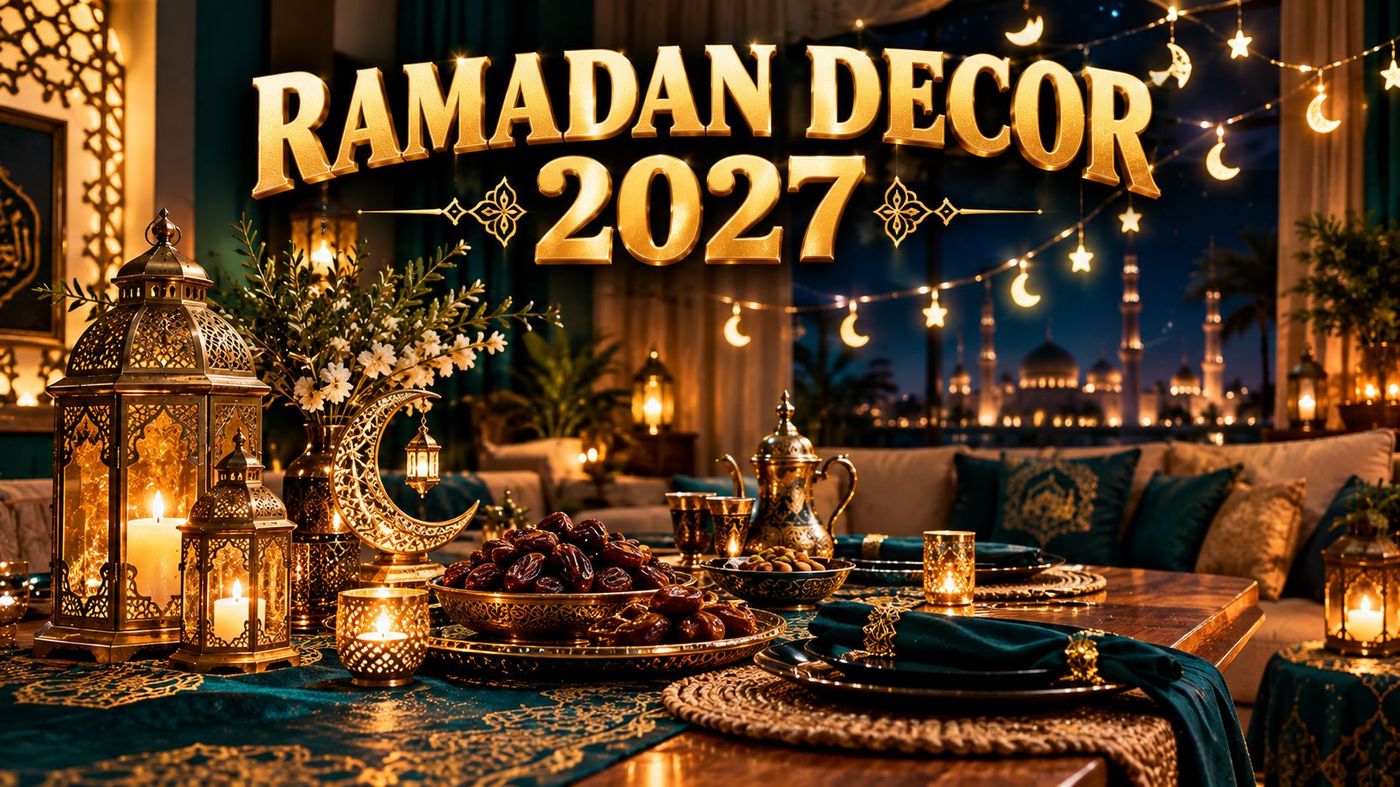 Ramadan 2027 decor with crescent moon and lantern decorations