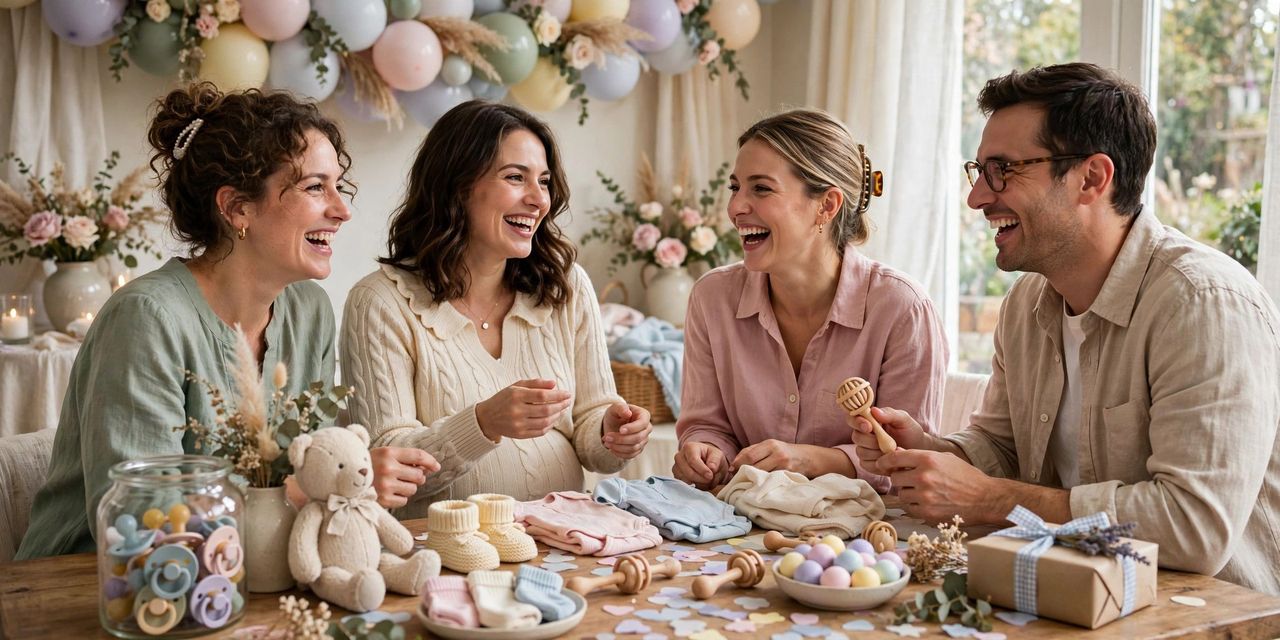 Guests laughing while playing baby shower games around a decorated table