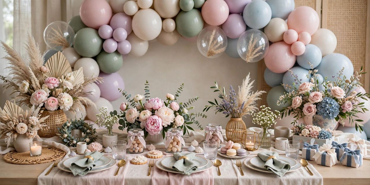A beautifully decorated baby shower with pastel balloons, flowers and a themed dessert table