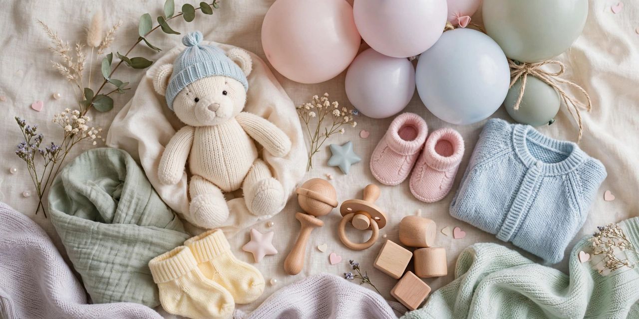 A soft baby shower celebration with balloons, gifts and a greeting card for the mom to be