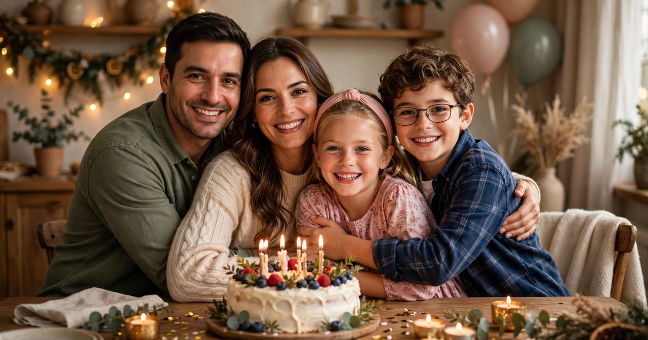 Family gathered around a birthday cake at home with warm lights, balloons and smiling faces