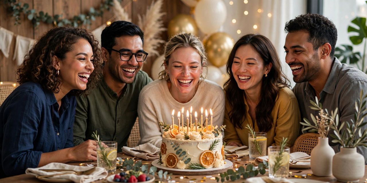 Group of friends celebrating a birthday together with cake, confetti and laughter in warm party light