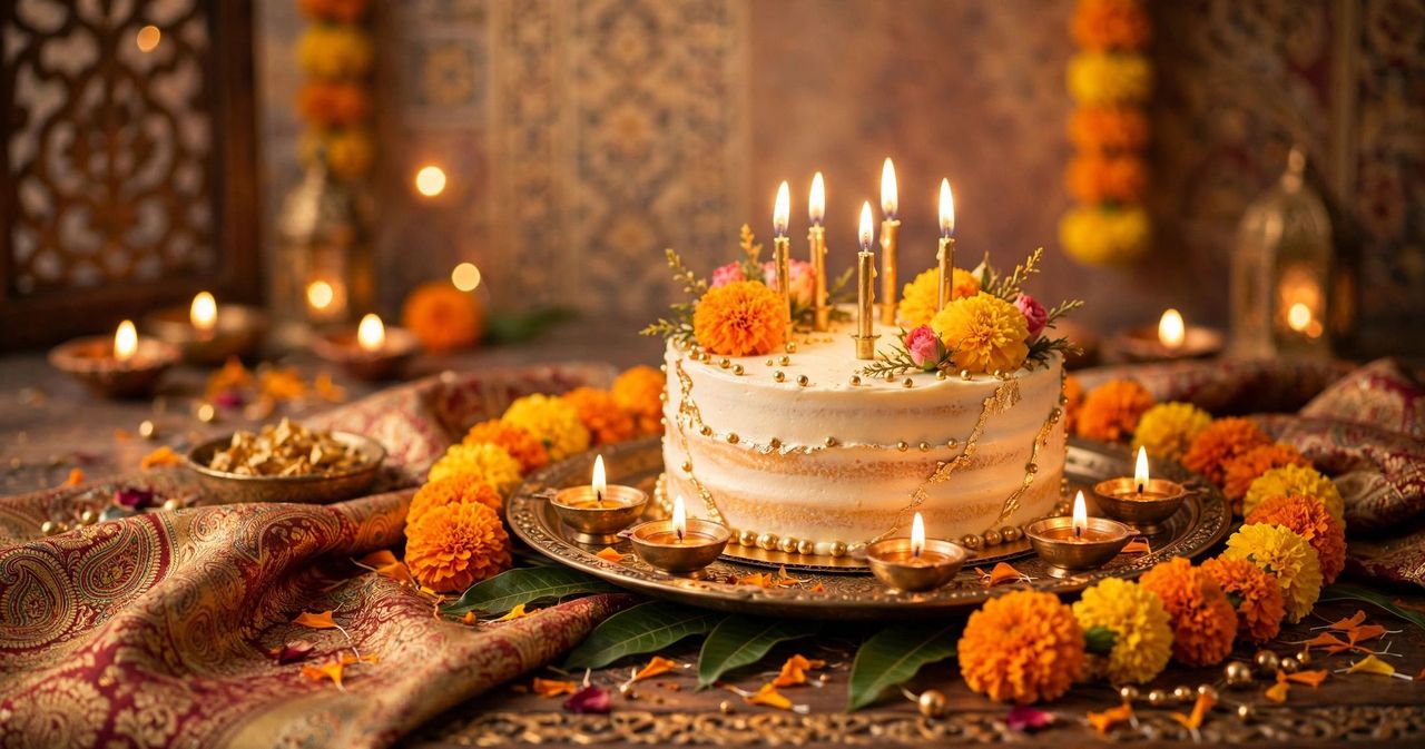 An elegant birthday greeting scene with a cake, candles and a warm card for Urdu birthday wishes