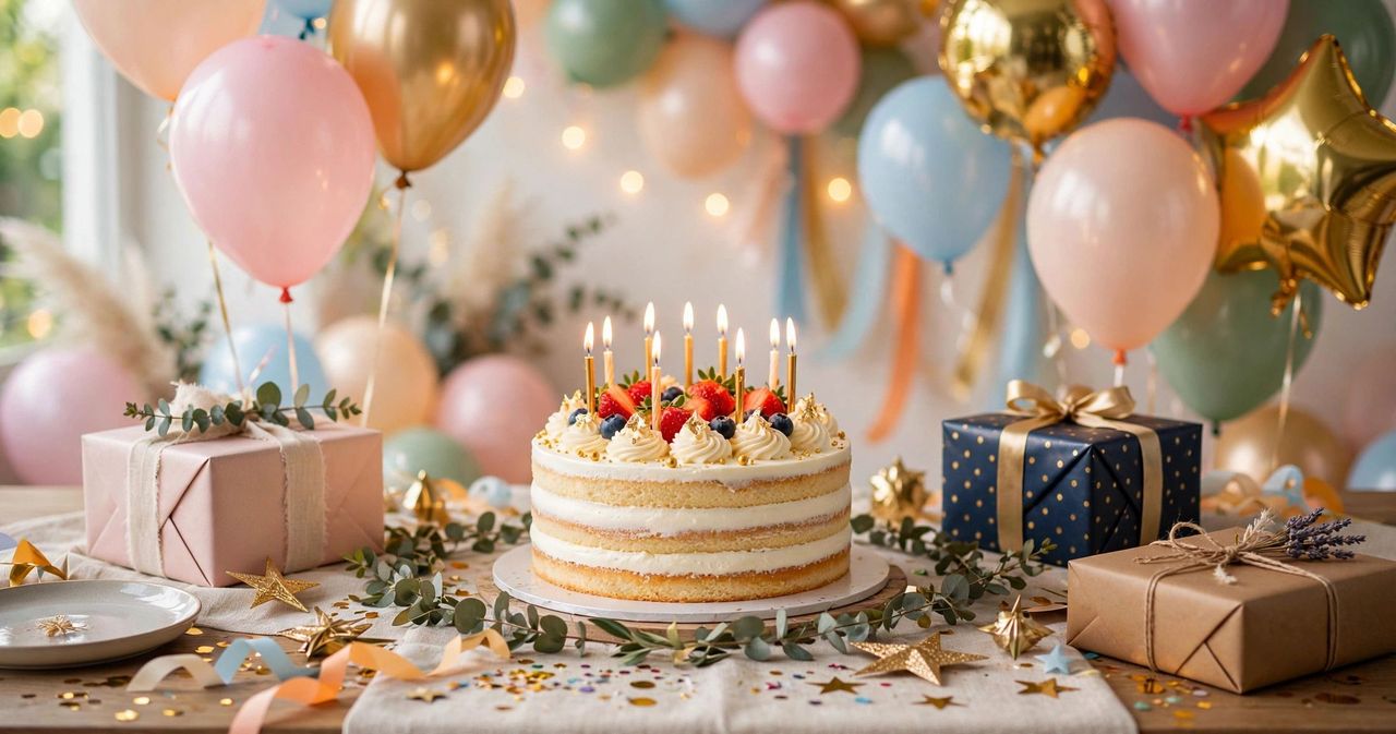 Festive birthday celebration with a decorated cake, balloons and warm bokeh lights ready for birthday wishes