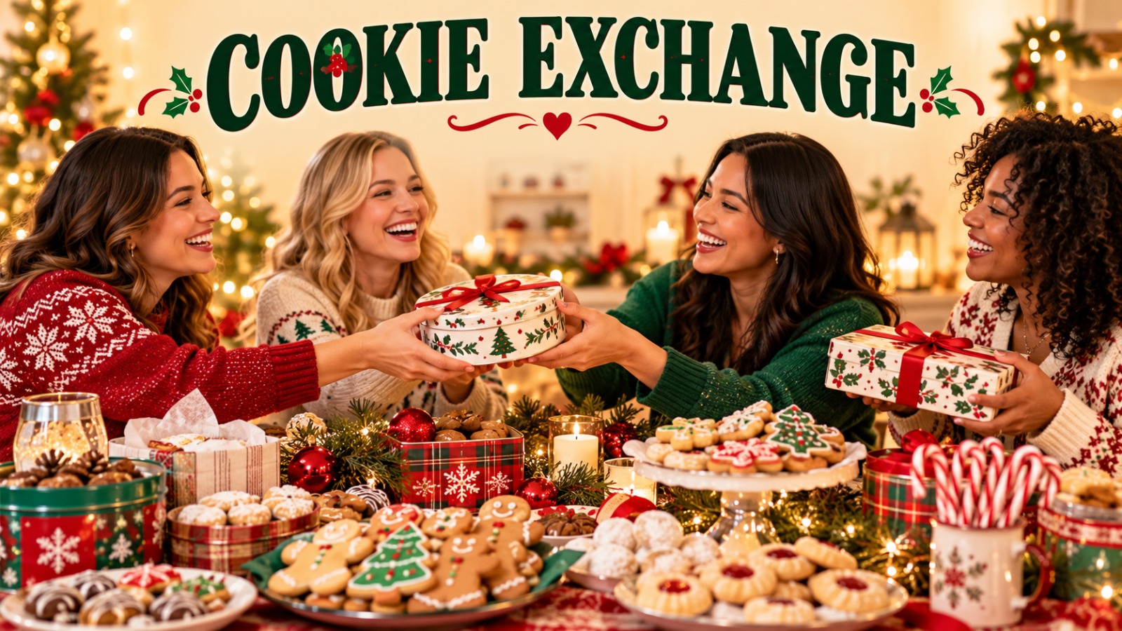 Festive Christmas cookie exchange table with decorated cookies, cookie tins, candy canes and fairy lights