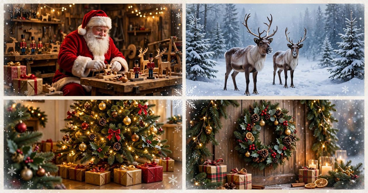 Snowy Christmas village at night with a glowing tree, falling snow and Santa's sleigh crossing a full moon