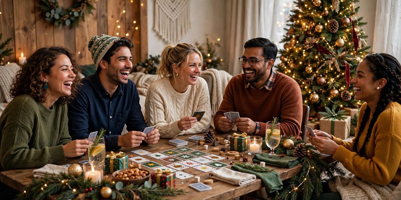 Friends laughing while playing a gift exchange Christmas party game with wrapped presents and tree lights behind them