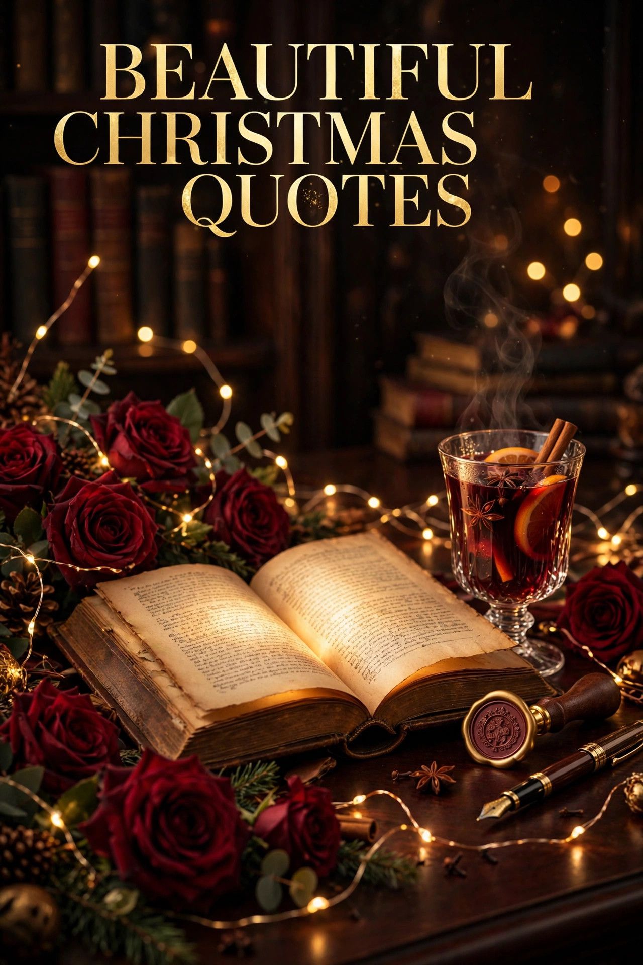Open Christmas notebook with a pen, mug of hot cocoa, lit candle and wrapped gift beside golden Christmas Quotes 2026 title text