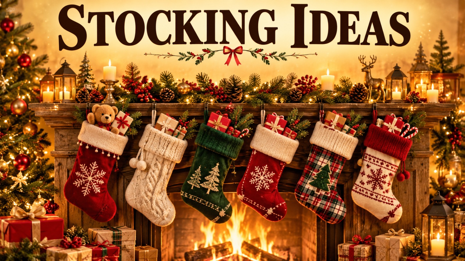 Row of plush Christmas stockings hanging from a decorated fireplace mantel with firelight and garlands