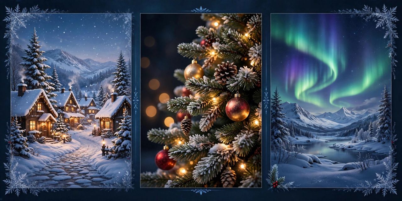 Phone and laptop showing snowy Christmas tree and fireplace wallpapers, textless