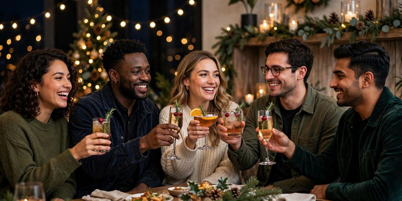 Friends in Christmas sweaters laughing with mugs of hot chocolate in front of a decorated Christmas tree