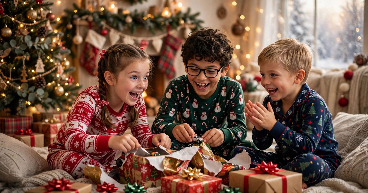 Magical kids Christmas corner with a plush reindeer and snowman, a small decorated tree, gift boxes, candy canes and an open storybook beside golden Christmas Wishes for Kids 2026 title text