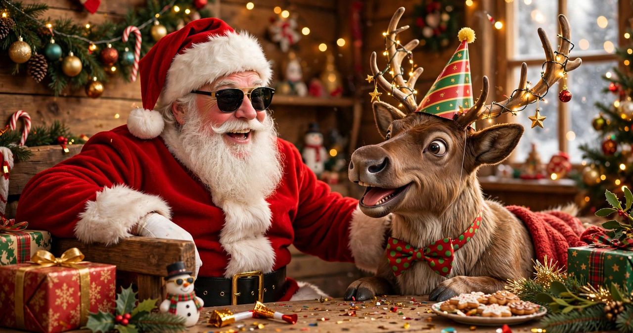 Playful Christmas scene with googly-eyed gift boxes, a Santa hat on a sofa, cookies and milk for Santa and a decorated tree beside golden Funny Christmas Wishes 2026 title text