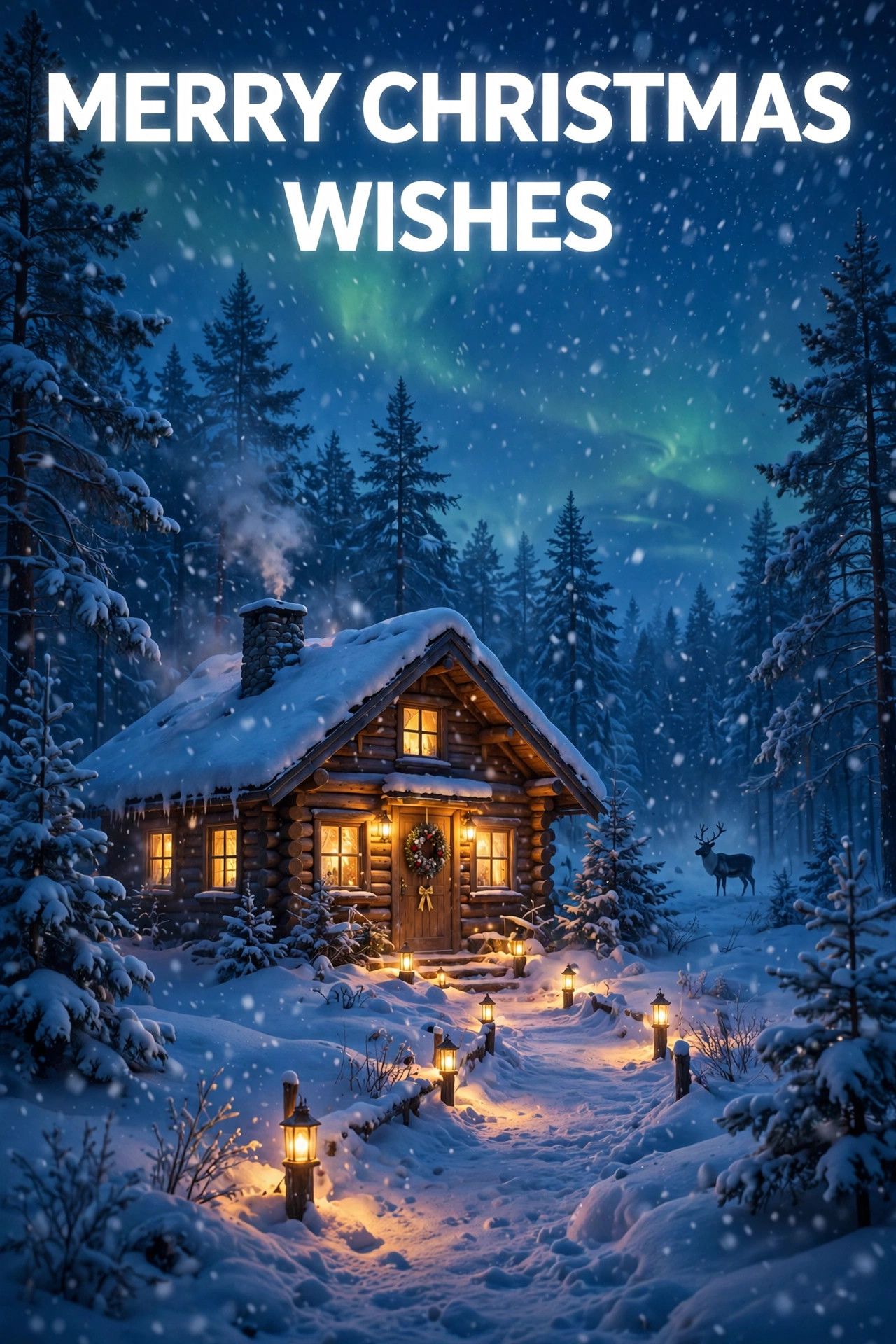 Decorated Christmas tree with wrapped gifts, candles and an open greeting card beside golden Merry Christmas Wishes 2026 title text
