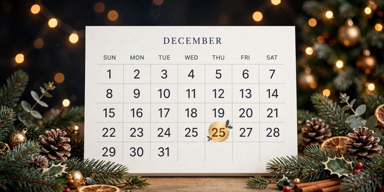 December calendar with the 25th circled, beside a decorated Christmas tree and wrapped gifts with fairy lights