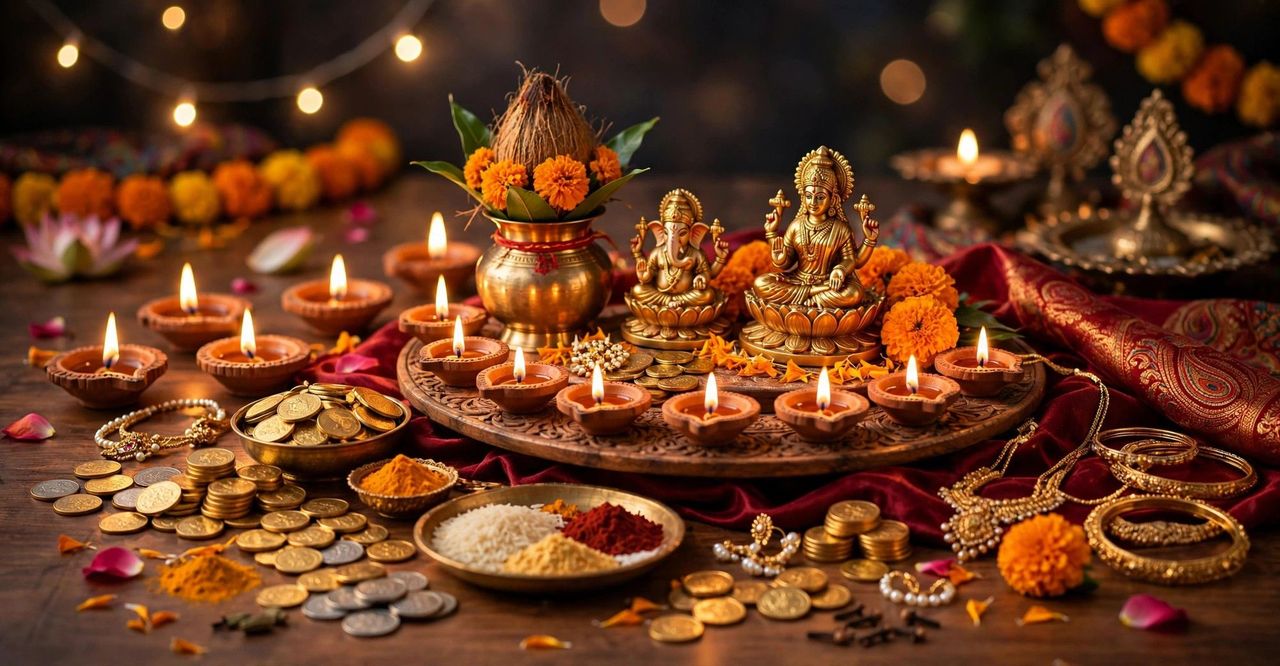 Gold coins, a traditional brass diya and new steel utensils arranged on red silk with marigold flowers for Dhanteras