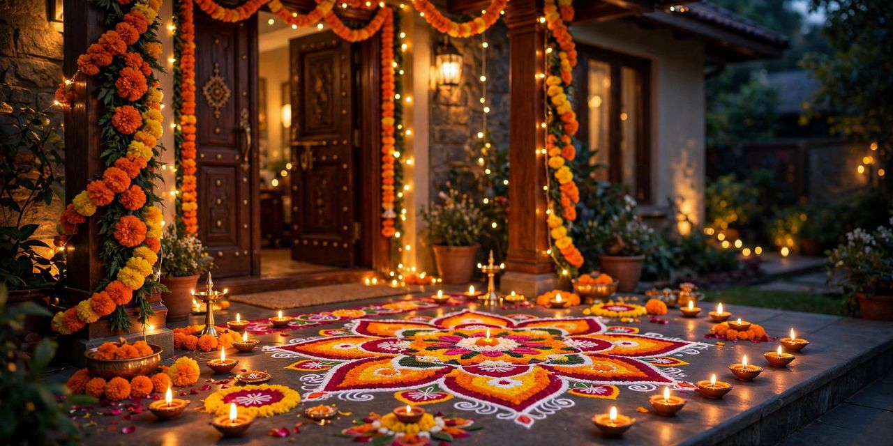 Cozy home entrance decorated for Diwali with marigold garlands, diyas on the steps, warm fairy lights and paper lanterns