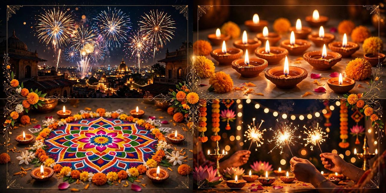 Diwali night scene with glowing diyas, colourful rangoli and fireworks in a dark blue sky