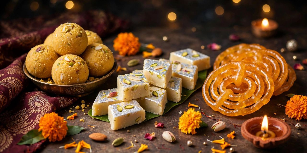 Festive platter of Diwali sweets with ladoo, jalebi, barfi and kaju katli garnished with pistachios and silver leaf, diyas glowing behind