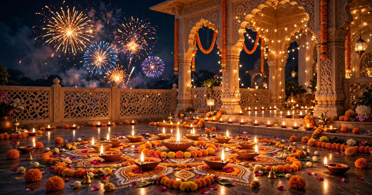 Lit diyas and sparklers around a colourful rangoli with warm golden bokeh lights, Happy Diwali greeting scene