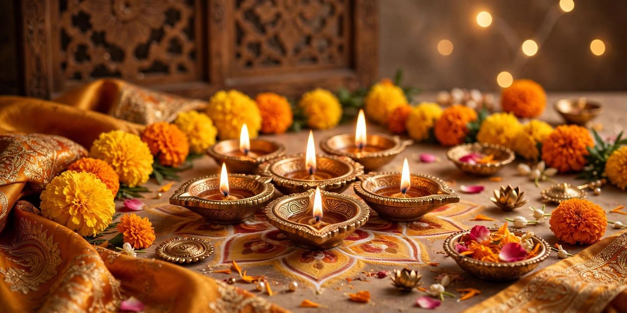 Family in festive traditional clothes lighting diyas together at home, golden candlelight on happy faces