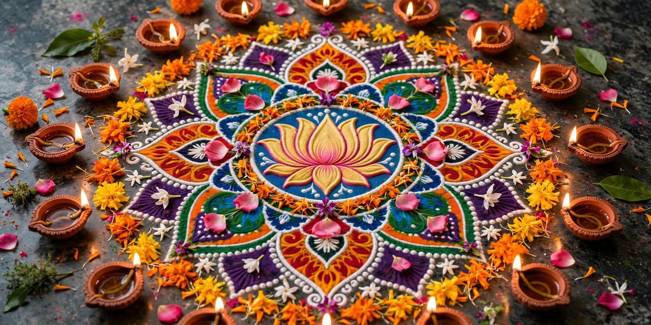 Top view of a large colourful rangoli of flower petals and coloured powder with small diyas around the edges