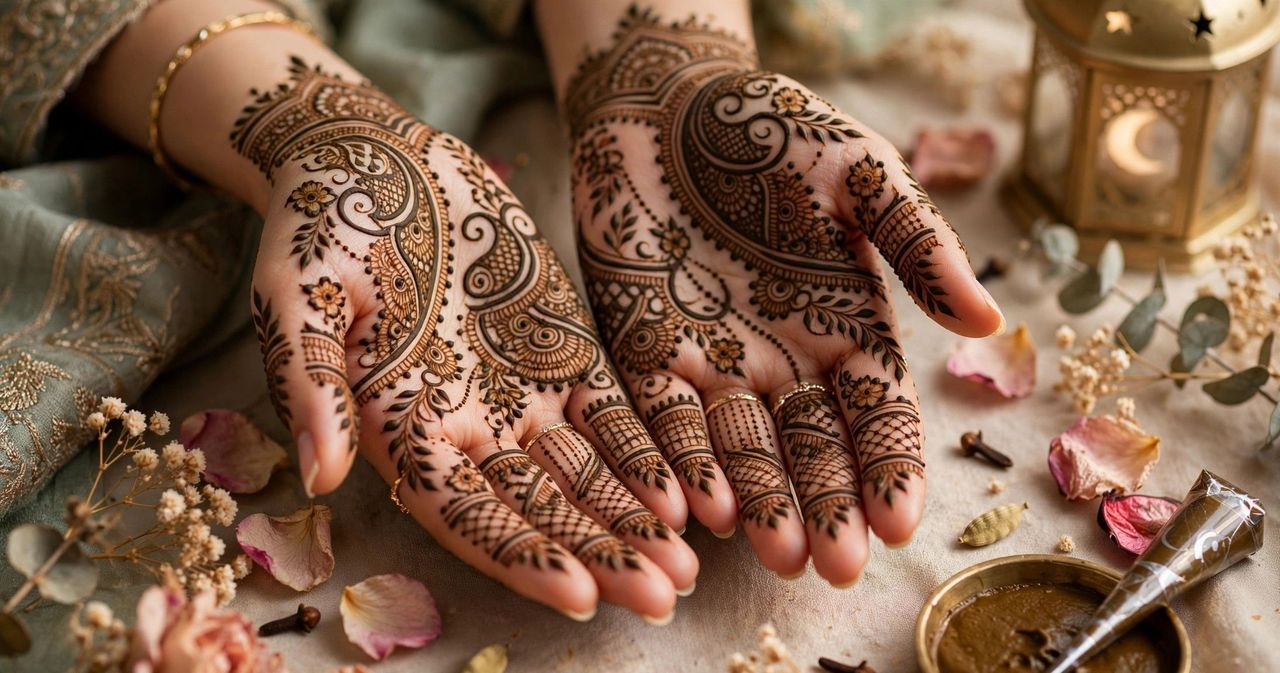 Close view of elegant hands with fresh mehndi designs, gold bangles and a decorated Eid table softly blurred behind