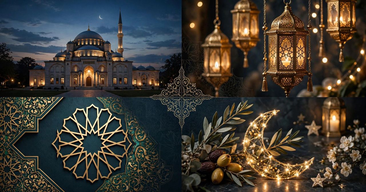 Illuminated mosque on Eid night with a crescent moon, lanterns and lights reflecting on calm water