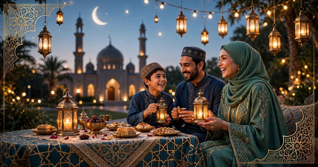 Joyful Eid greeting scene with a crescent moon, glowing lanterns, dates and Eid sweets arranged on a decorated table