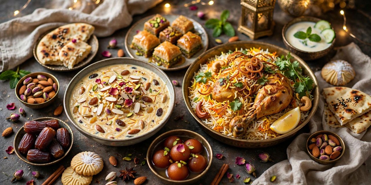 Eid feast table with biryani, kebabs, sheer khurma and assorted sweets served in brass and glass dishes