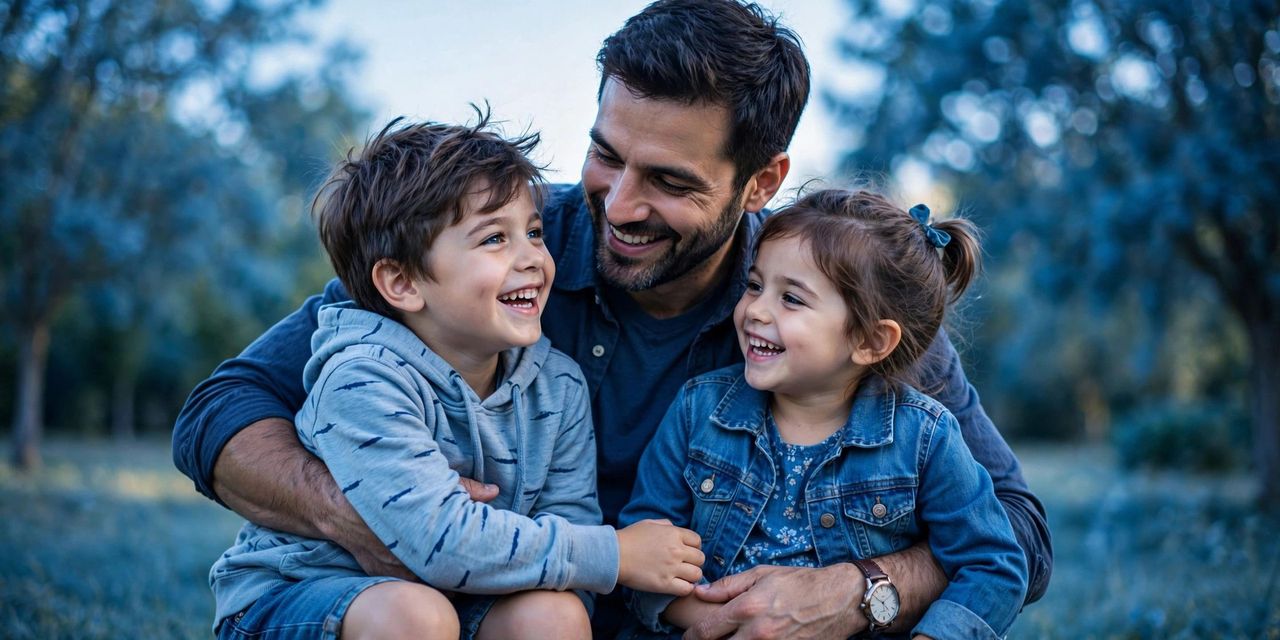 Father's Day celebration scene with a gift box, coffee mug and warm family photographs