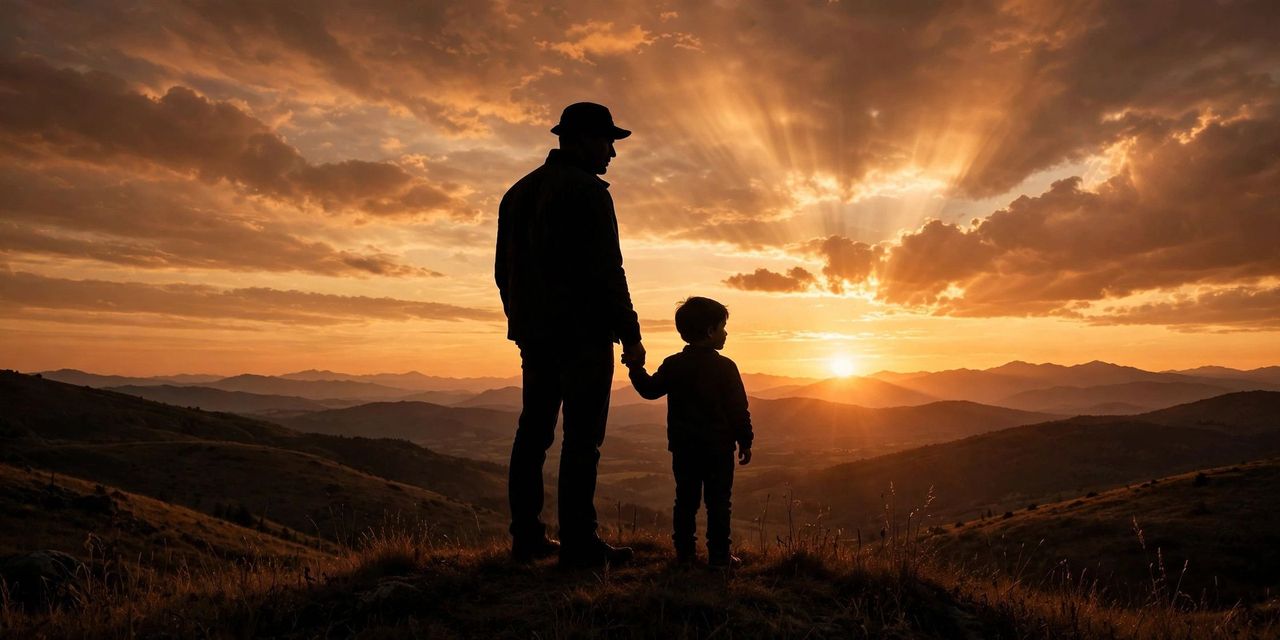 Father and child walking together at sunset, warm Father's Day greeting scene