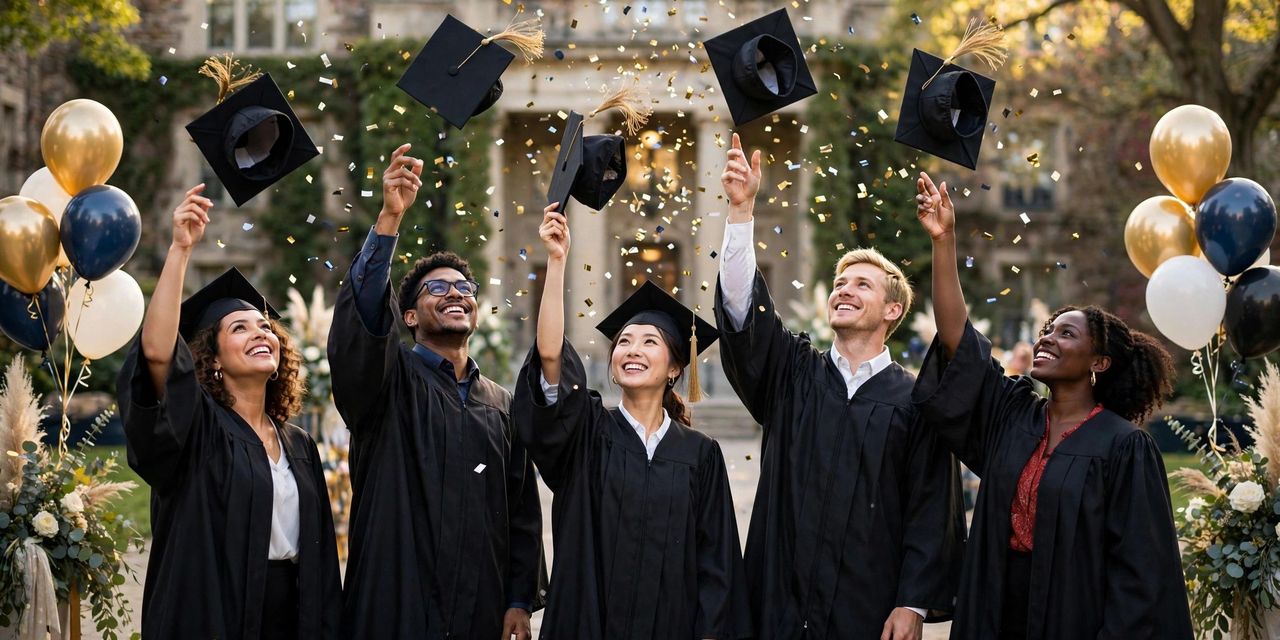 A black and gold graduation party with balloons, a dessert table and photo display