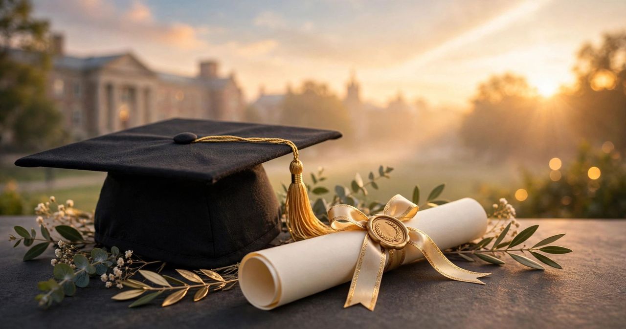 Graduates throwing caps into the air at sunset in celebration