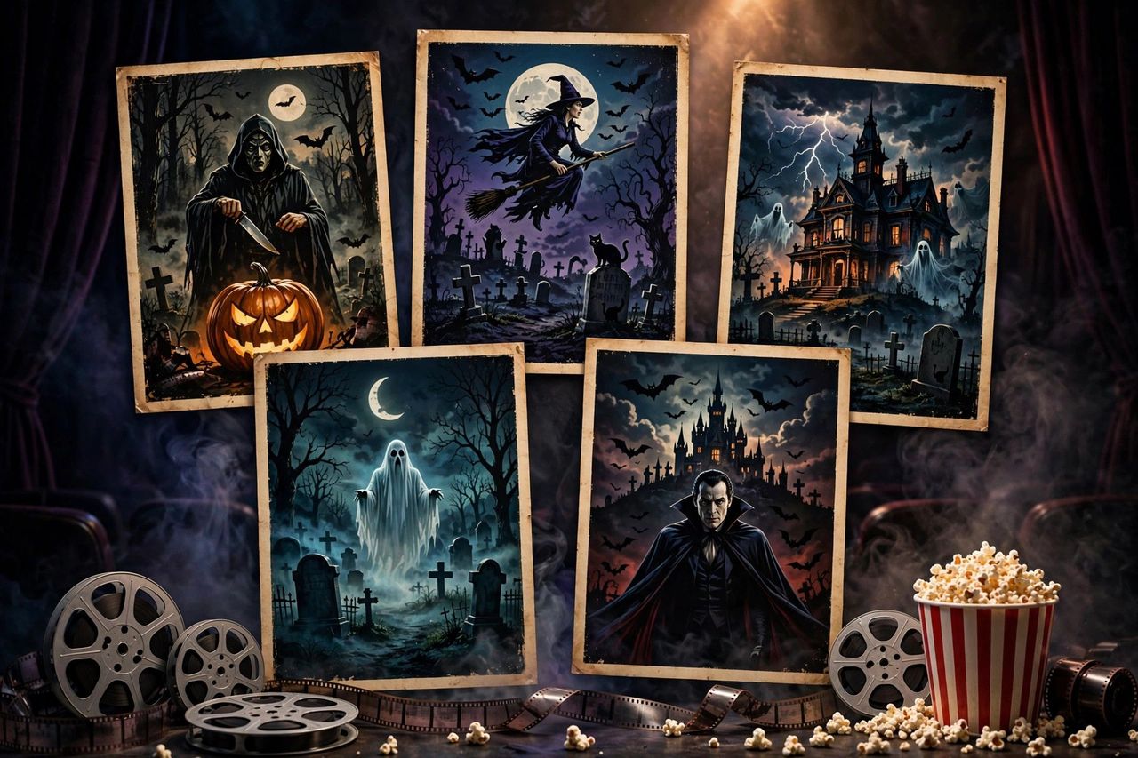 A family enjoying a Halloween movie night at home with popcorn, pumpkins and spooky decorations around the TV