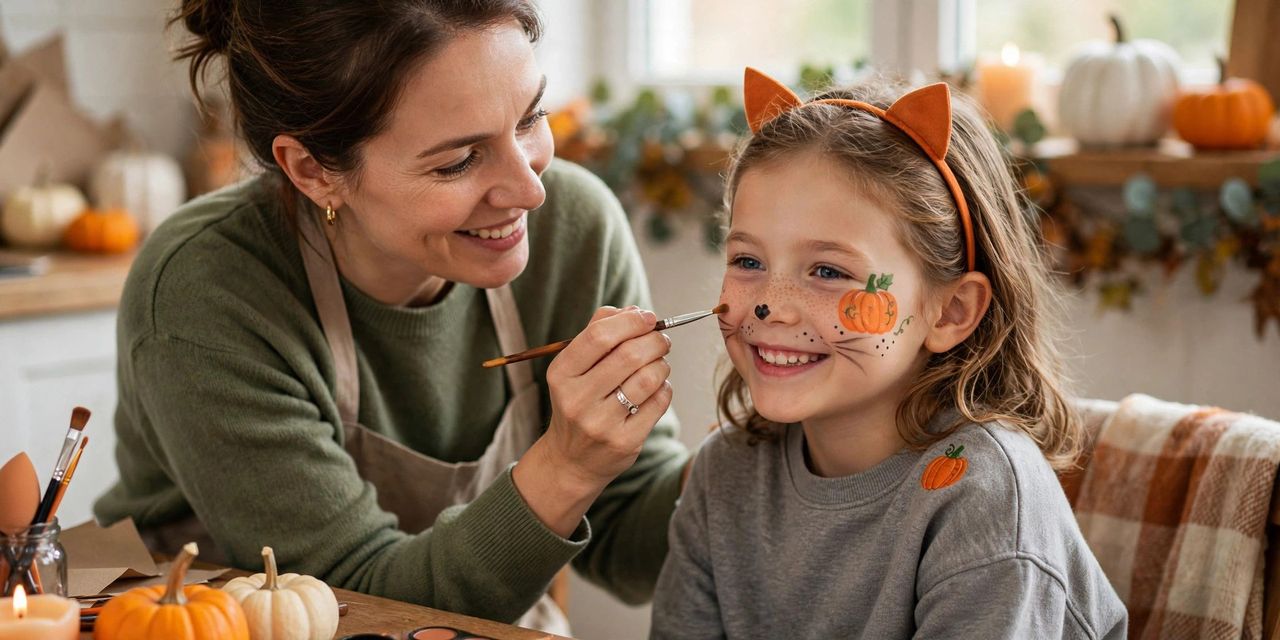 Four smiling children in Halloween costumes showing cute pumpkin, cat, skeleton and witch face paint ideas for kids
