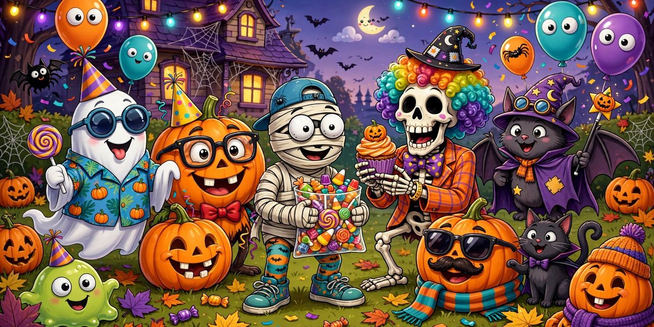 A grinning jack-o'-lantern wearing sunglasses, a laughing ghost and a black cat in a party hat surrounded by Halloween candy