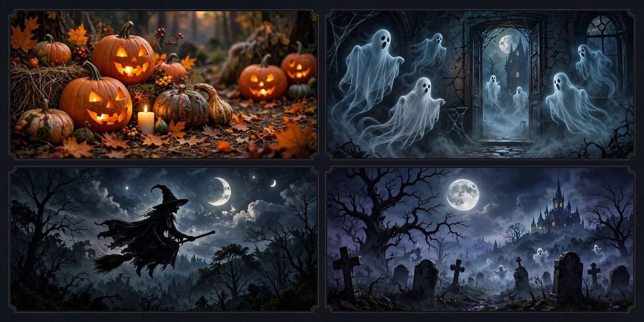 Glowing jack-o'-lantern and a haunted house beneath a full orange moon with bats, lanterns and autumn leaves