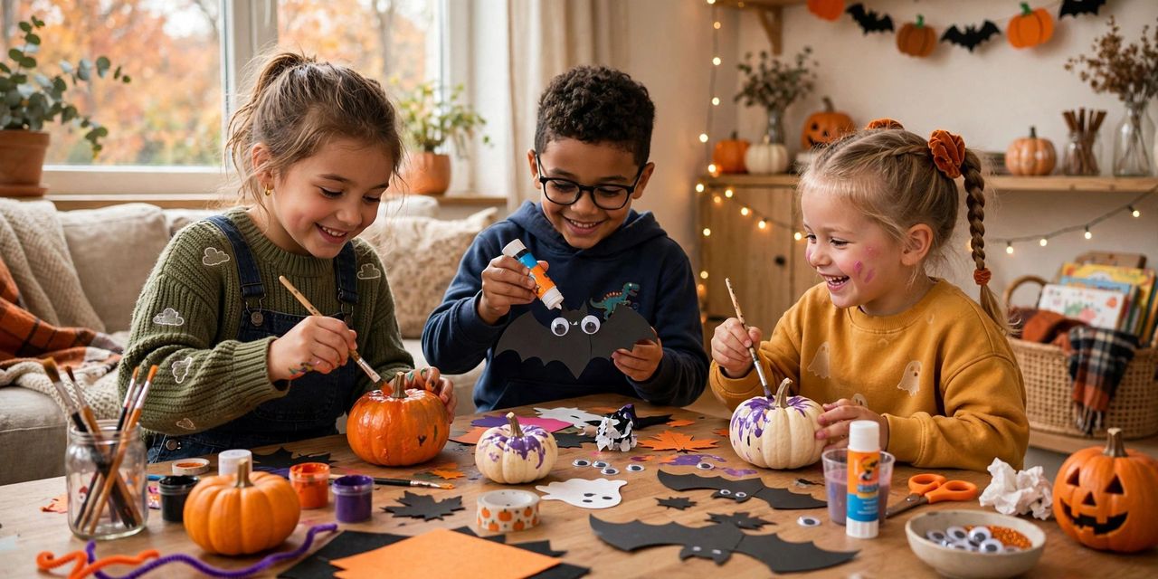 Mother and children making Halloween crafts at home, painting pumpkins and creating paper ghosts and lanterns at a decorated table