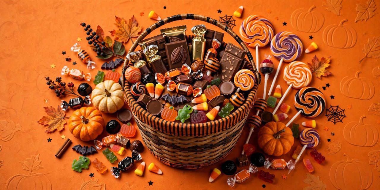A big orange Halloween bowl filled with popular candies — chocolate bars, lollipops, candy corn and wrapped sweets on a decorated wooden table