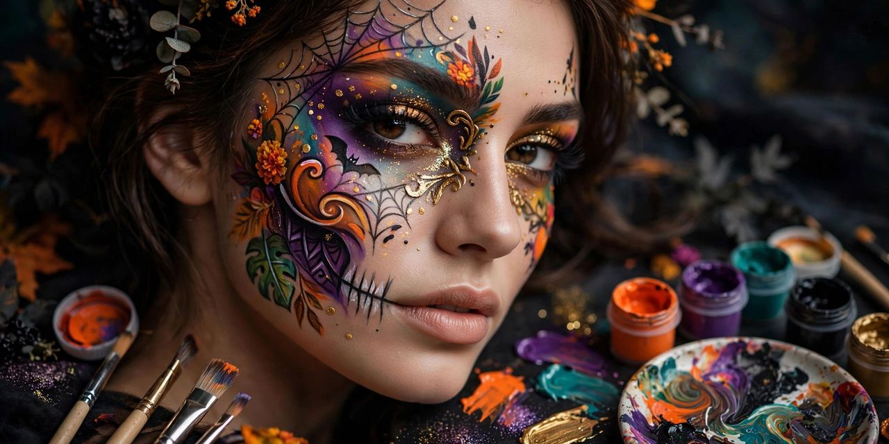Family with creative Halloween face paint designs including a butterfly, pumpkin, skeleton and spider web at a festive Halloween party