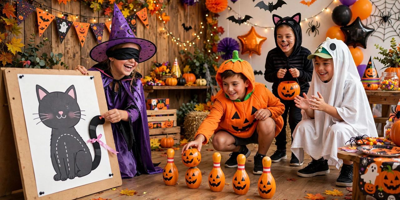 Children in Halloween costumes playing pumpkin bowling at a decorated indoor Halloween party, with carved pumpkins, candy and festive balloons