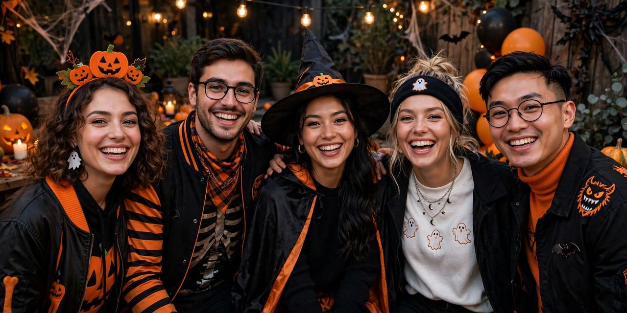 Group of five friends laughing in Toy Story inspired Halloween costumes including cowboy, cowgirl, space ranger and alien outfits in front of a decorated house