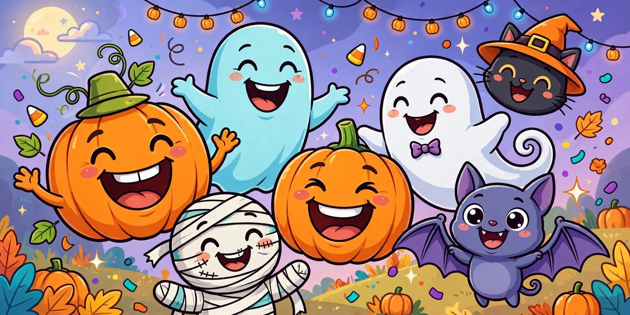 Happy kids in Halloween costumes laughing together at a party with pumpkins and a bowl of candy