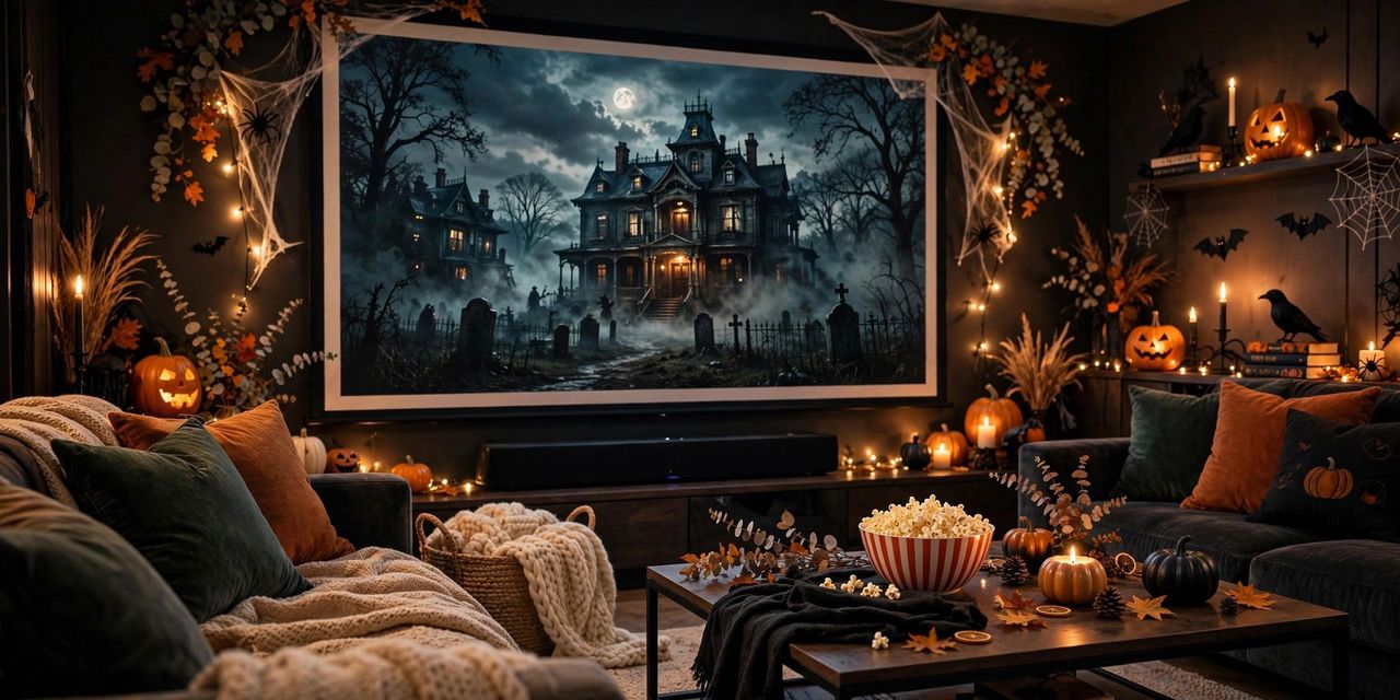 Family movie night at home with jack-o'-lantern bowls of popcorn, Halloween snacks and a haunted-house movie on a big TV