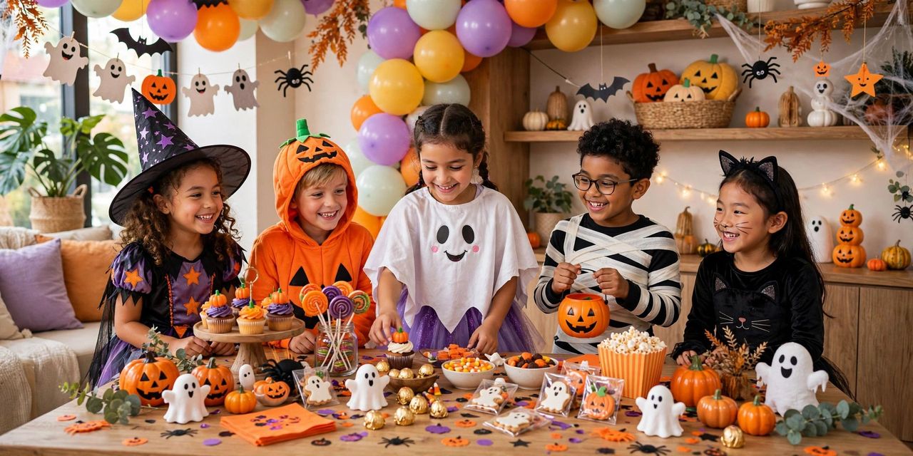 A kids Halloween party table with pumpkin cupcakes, candy bowls, balloons and a party games checklist