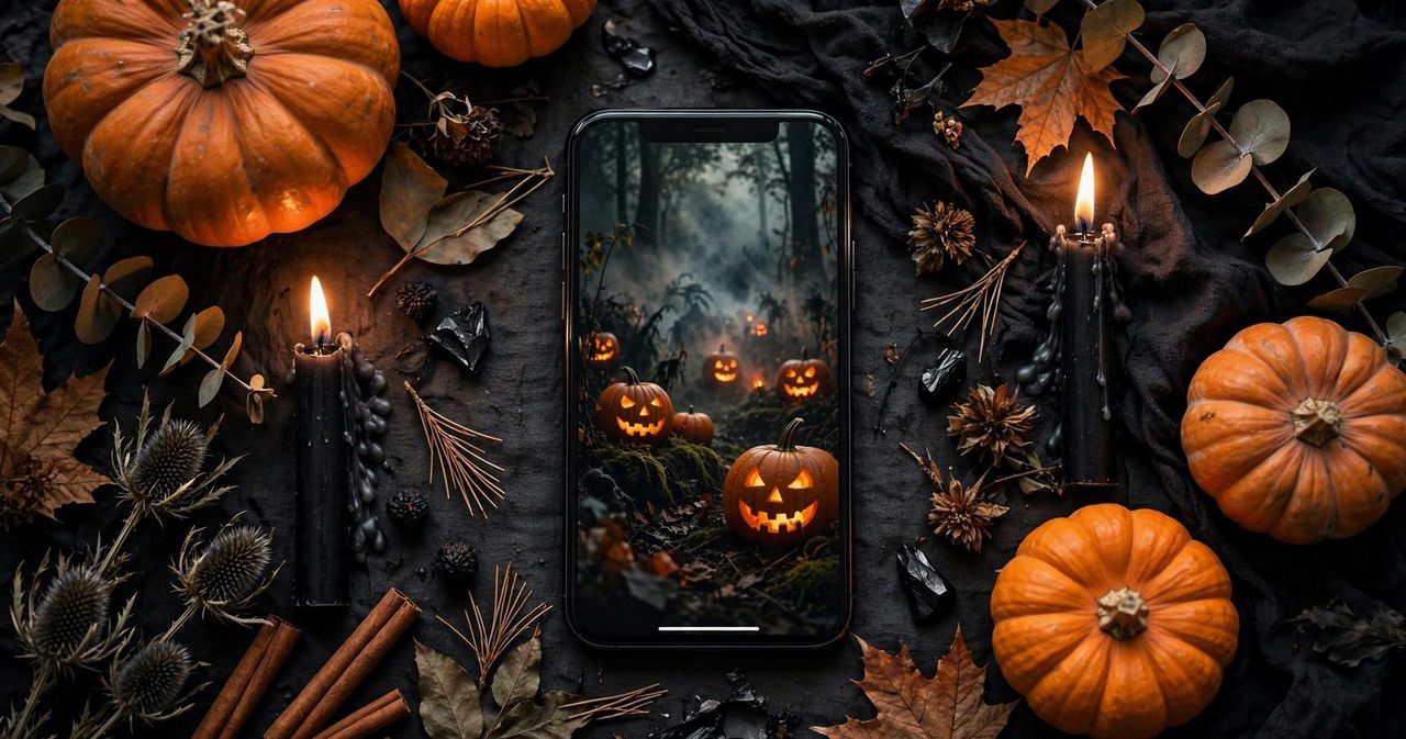 Festive Halloween flat lay with glowing pumpkins, autumn leaves, fairy lights, candles, candy and a coffee cup with pumpkin latte art on a rustic wooden table